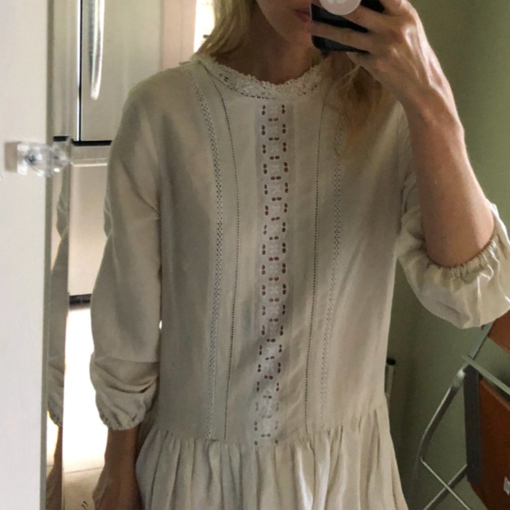 🦋 White Matin 100% Cotton Long Sleeve Drop Waist Dress Balloon Sleeves